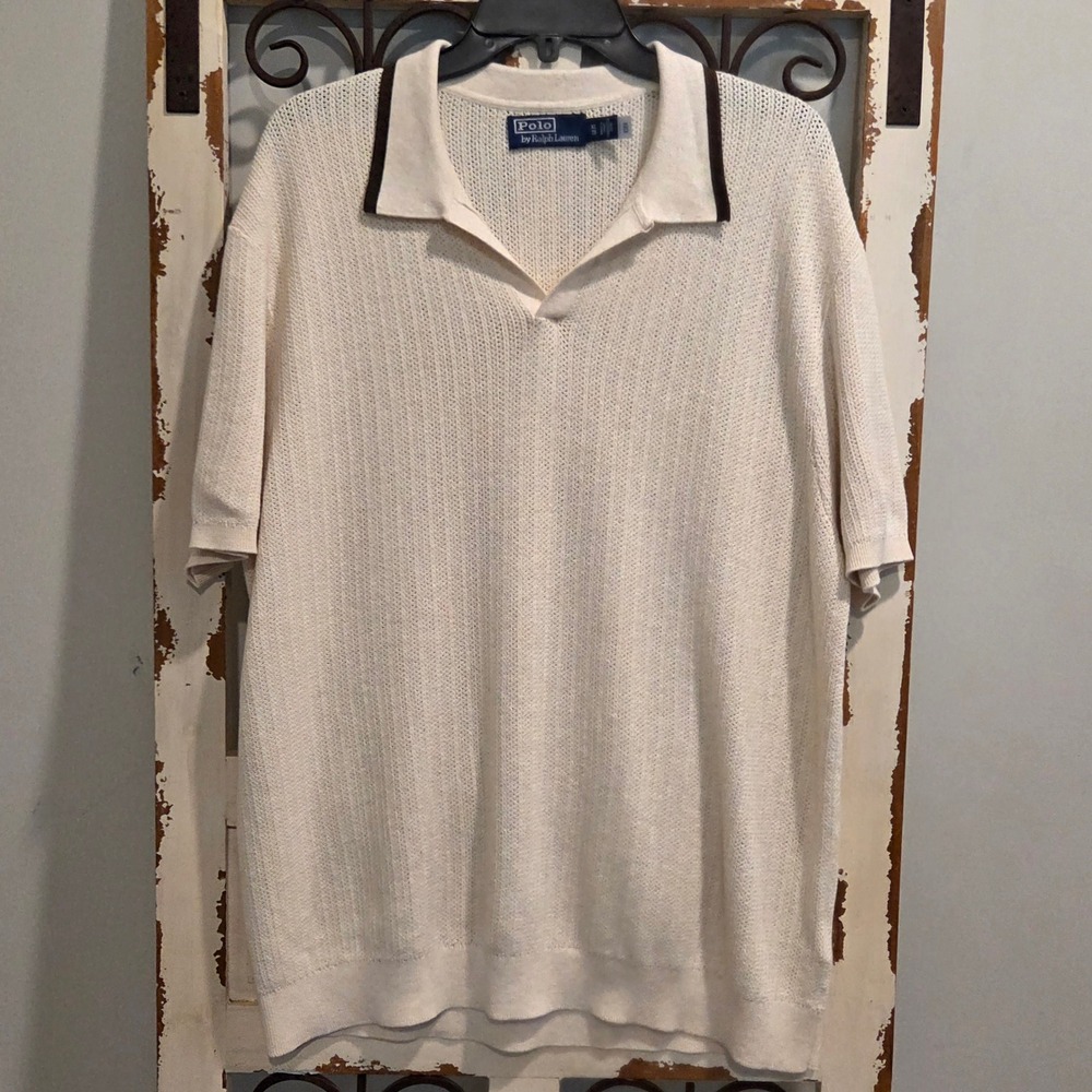 Polo Ralph Lauren Open Knit Polo Shirt Mens XL Cream Sweater Johnny Collar Retro